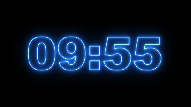 glowing neon 10 minute Countdown timer. neon 10 to 9 minute Countdown timer on black background.