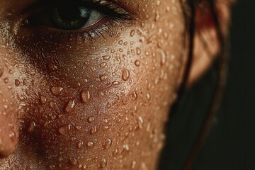 Close-up of water droplets gliding down skin in soft light, revealing abstract calm, clarity, and cinematic macro realism through texture and reflection.