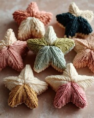 Colorful Handcrafted Yarn Stars in Various Shades and Textures