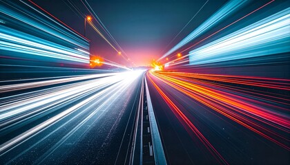Vibrant blue and red light trails blur across a futuristic superhighway at night, representing the incredible speed of data and modern urban motion
