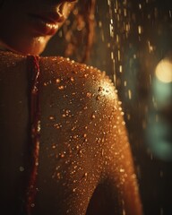Close-up of water droplets gliding down skin in soft light, revealing abstract calm, clarity, and cinematic macro realism through texture and reflection.