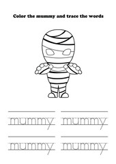 Learning Worksheet Mummy character Coloring Tracing