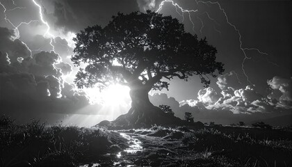 A solitary ancient tree stands defiant against a dramatic sky filled with powerful lightning strikes and ethereal light