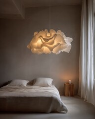 A bed with a white comforter and a lamp