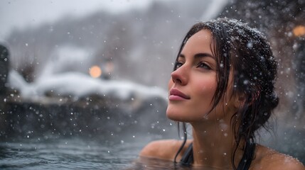 Obraz premium Woman enjoys a relaxing soak in hot springs surrounded by falling snow.