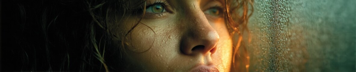 Soft glowing curves of a woman’s body appear through misted glass and condensation, evoking serenity, warmth, and surreal emotional depth.