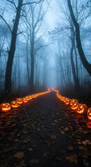 Forest Path Lined with Illuminated Pumpkins in Foggy Landscape