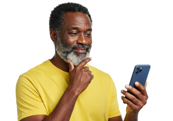 Man looking at smartphone isolated on transparent background