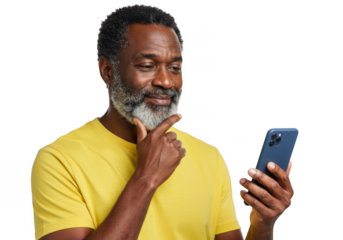 Man looking at smartphone isolated on transparent background