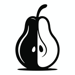 Stylized black and white illustration of a pear cut in half revealing its inner structure