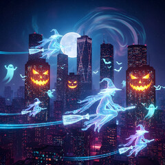 Cityscape with Witches Flying on Broomsticks at Night Halloween Theme