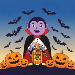 Happy Vampire Holding Candy and Surrounded by Flying Bats for Halloween