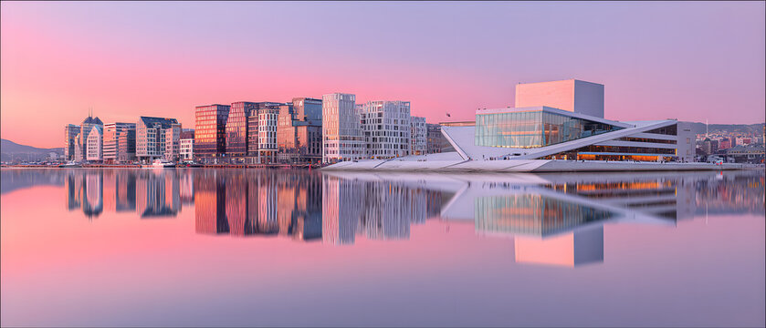 Morning Light Over the Fjord in Oslo, Reflective Cityscape at Dawn with Vibrant Colors