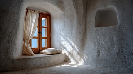 Sunlit Cave Interior With Wooden Window And White Walls At First Dawn