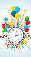 Clock Surrounded by Balloons Ribbons and Starburst Design for Celebration