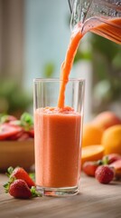 A glass of orange juice being poured into a glass
