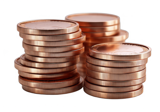 Image depicts multiple stacks of copper coins, representing financial aspects and monetary concepts.