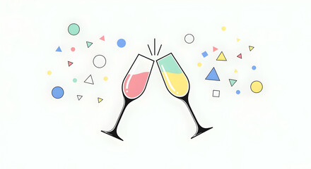 Champagne Glasses Toasting with Colorful Abstract Confetti and Shapes