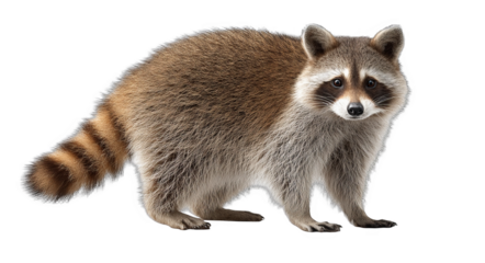 A raccoon with brown and gray fur is shown standing on a plain white background, showcasing its distinctive striped tail.
