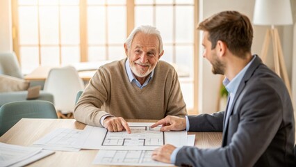 real estate agent senior clients concept. Two men discussing plans at a table, showcasing collaboration and mentorship.