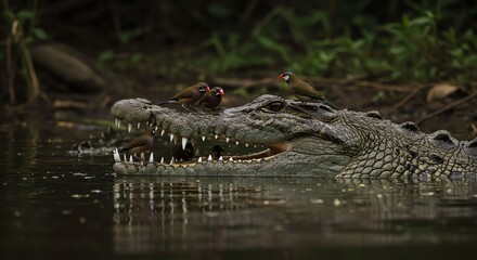 Crocodile with Birds Resting on Its Head and Open Mouth in Natural Water Environment
