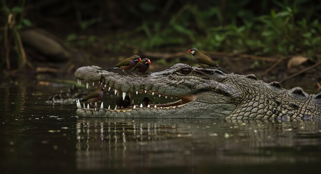 Crocodile with Birds Resting on Its Head and Open Mouth in Natural Water Environment