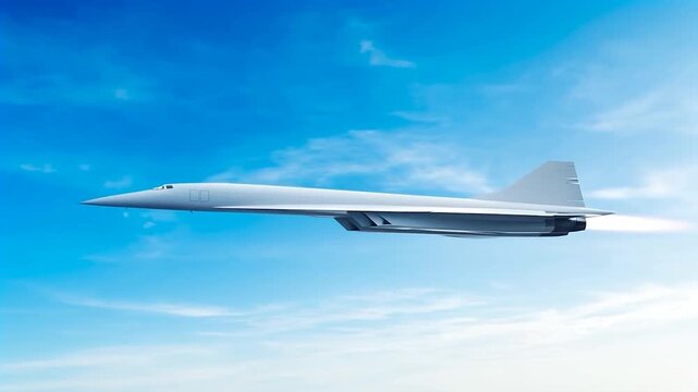 Supersonic airplane side view flying showing the jet blast in a blue sky background. Modern very high speed jet airplane.