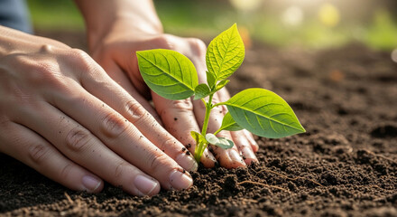 Fototapeta premium Hands of a person pressing a young plant into fertile earth, bright daylight illuminating the green leaves