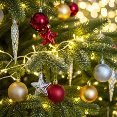 Decorated Christmas Tree with Ornaments and Lights Festive Holiday Scene