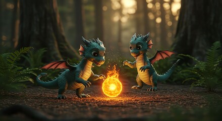 Cute Cartoon Baby Dragons Playing with Fire in Enchanted Forest Scene
