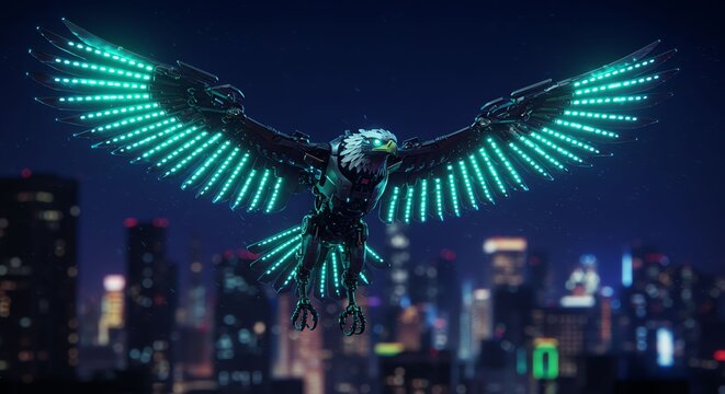 Futuristic Robotic Eagle with Glowing Neon Lights Flying Over City Skyline at Night - Powered by Adobe