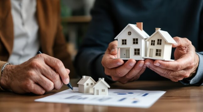 real estate agent senior clients concept. Miniature houses held by hands with a document on a table. - Powered by Adobe
