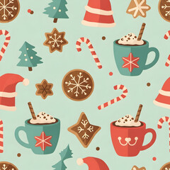 Festive Holiday Pattern with Cookies, Hot Chocolate and Candy Canes