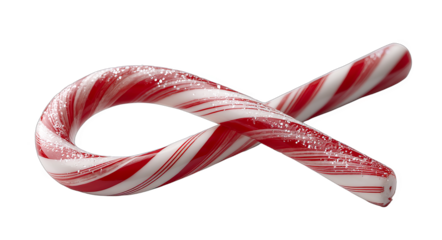 A red and white peppermint candy cane with festive striped pattern, typical of holiday season.
