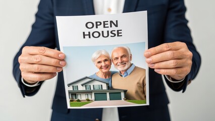real estate agent senior clients concept. Elderly couple holding an open house sign with a home image.