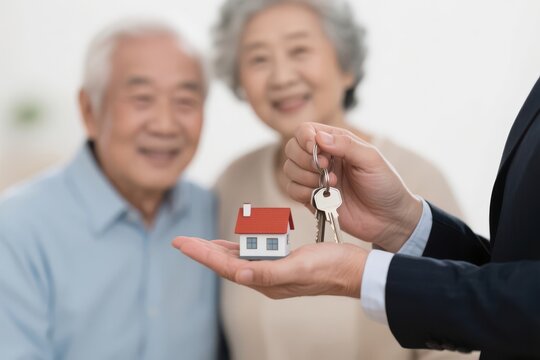 real estate agent senior clients concept. Hand holding house model and keys with smiling elderly couple in the background. - Powered by Adobe