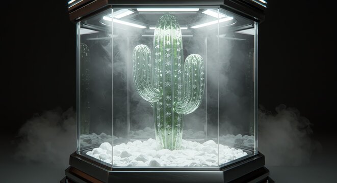 Glowing Green Cactus in Glass Display Case Surrounded by Mist in Dark Environment
