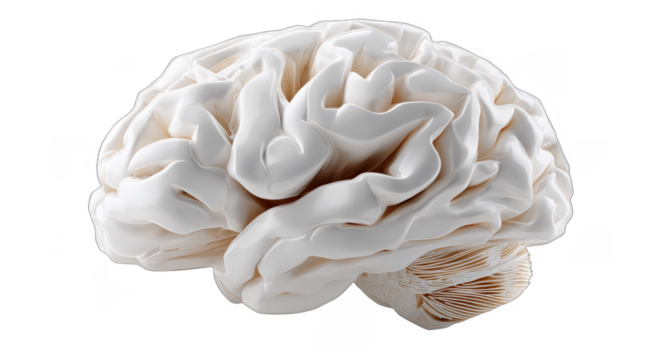 This image shows a detailed anatomical view of the human brain, highlighting its intricate structure and various components.