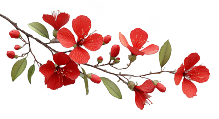 A branch with bright red flowers and green leaves, showcasing the beauty of nature's blooming.