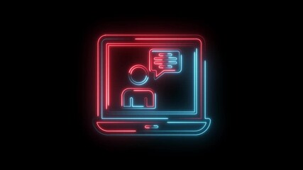 Glowing neon laptop online meeting icon animation on dark background showing business conference - Powered by Adobe