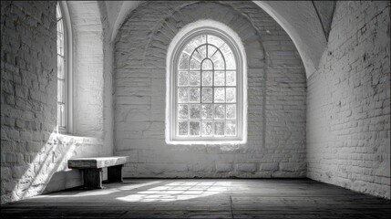 Obraz premium Desolate Stone Interior With Arched Window And Long Sunlit Shadows