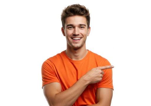 Man pointing to the side isolated on transparent background - Powered by Adobe
