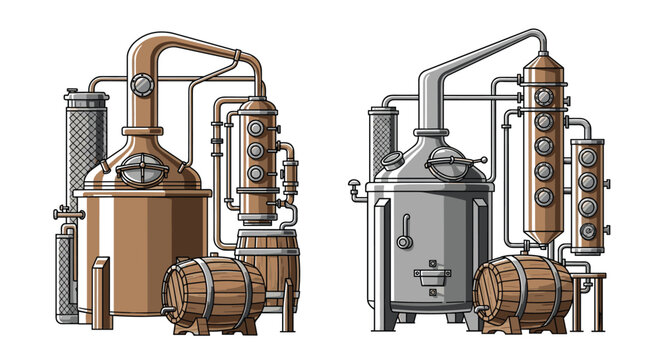Illustrations of distillation equipment and barrels for spirits production.