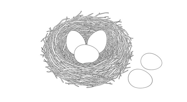 Three eggs are in a nest with three more outside the nest.