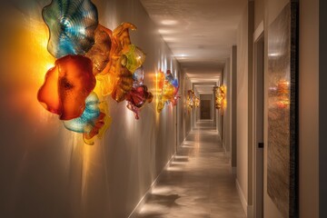 A long hallway with a bunch of colorful glass flowers