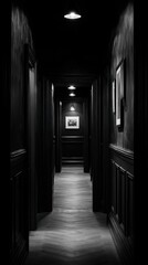 A long dark hallway with a light on the ceiling