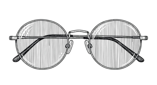 A hand-drawn sketch of round metal-rimmed eyeglasses.