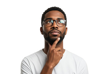 Man with glasses thinking, isolated on transparent background