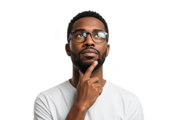 Man with glasses thinking, isolated on transparent background