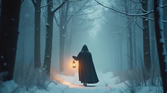 Hooded Figure Holding Lantern Walking Through Winter Solstice Forest